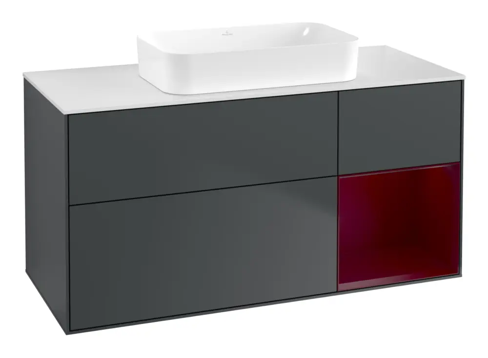 Neue Ware Villeroy & Boch Finion Waschbeckenunterschrank für Becken mittig Regal rechts für Finion 3 Auszüge mit Beleuchtung (1x LED) ohne Hahnloch 1200 x 603 x 501 mm - Midnight Blue Matt Lacquer / Peony Matt Lacquer / Glass White Matt