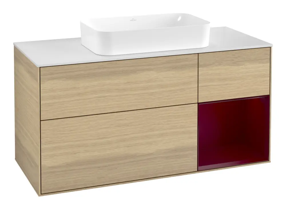 Villeroy & Boch Finion Waschbeckenunterschrank für Becken mittig Regal rechts für Finion 3 Auszüge mit Beleuchtung (1x LED) ohne Hahnloch 1200 x 603 x 501 mm - Oak Veneer / Peony Matt Lacquer / Glass White Matt Schnäppchen