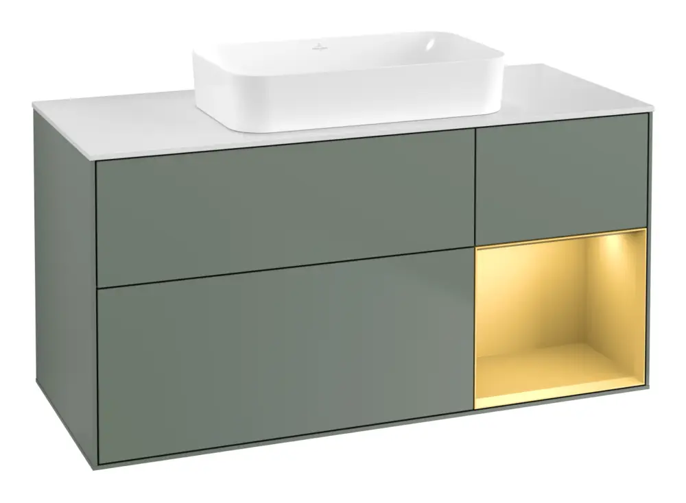 Villeroy & Boch Finion Waschbeckenunterschrank für Becken mittig Regal rechts für Finion 3 Auszüge mit Beleuchtung (1x LED) ohne Hahnloch 1200 x 603 x 501 mm - Olive Matt Lacquer / Gold Matt Lacquer / Glass White Matt Solange Der Vorrat Reicht