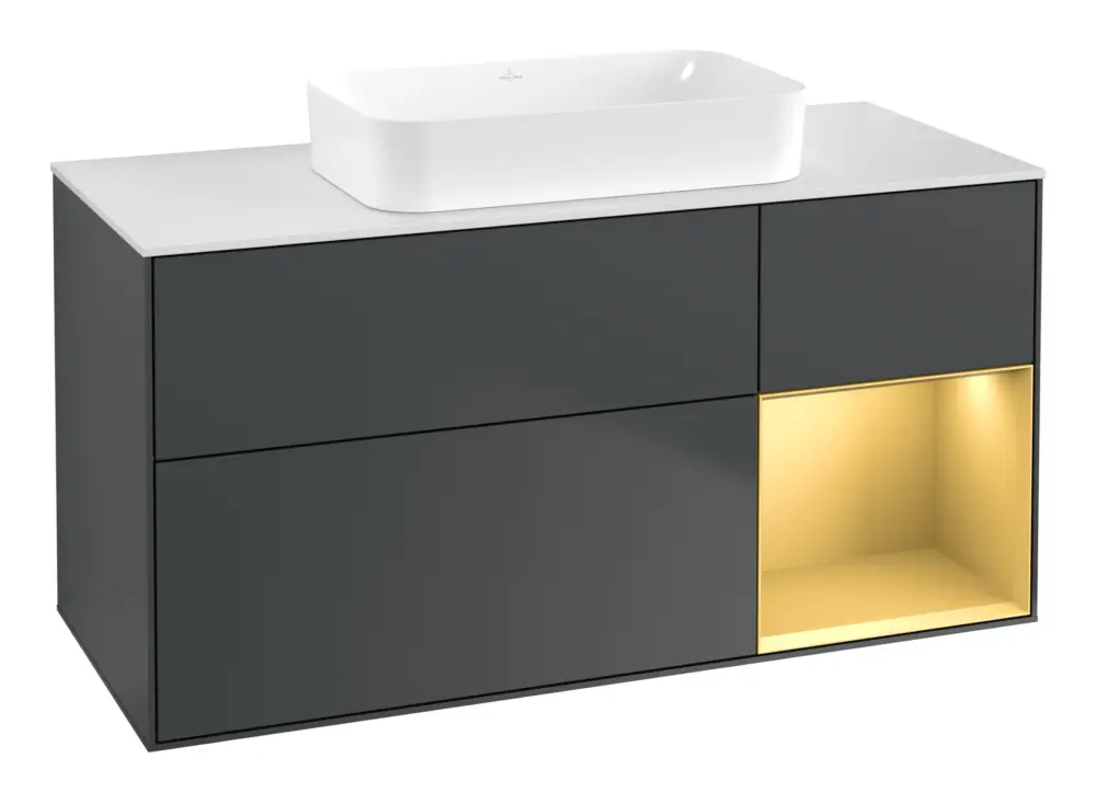 Meistverkauft Villeroy & Boch Finion Waschbeckenunterschrank für Becken mittig Regal rechts für Finion 3 Auszüge mit Beleuchtung (1x LED) ohne Hahnloch 1200 x 603 x 501 mm - Midnight Blue Matt Lacquer / Gold Matt Lacquer / Glass White Matt