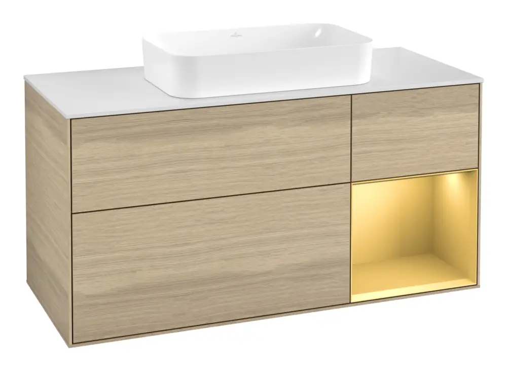 Zertifiziert Villeroy & Boch Finion Waschbeckenunterschrank für Becken mittig Regal rechts für Finion 3 Auszüge mit Beleuchtung (1x LED) ohne Hahnloch 1200 x 603 x 501 mm - Oak Veneer / Gold Matt Lacquer / Glass White Matt