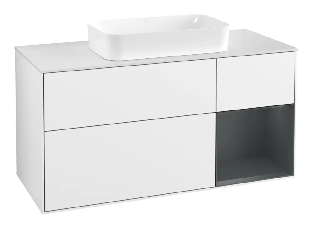 Preisknaller Villeroy & Boch Finion Waschbeckenunterschrank für Becken mittig Regal rechts für Finion 3 Auszüge mit Beleuchtung (1x LED) ohne Hahnloch 1200 x 603 x 501 mm - Glossy White Lacquer / Midnight Blue Matt Lacquer / Glass White Matt