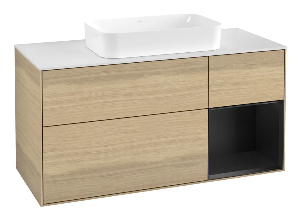Villeroy & Boch Finion Waschbeckenunterschrank für Becken mittig Regal rechts für Finion 3 Auszüge mit Beleuchtung (1x LED) ohne Hahnloch 1200 x 603 x 501 mm - Oak Veneer / Black Matt Lacquer / Glass White Matt Zertifiziert