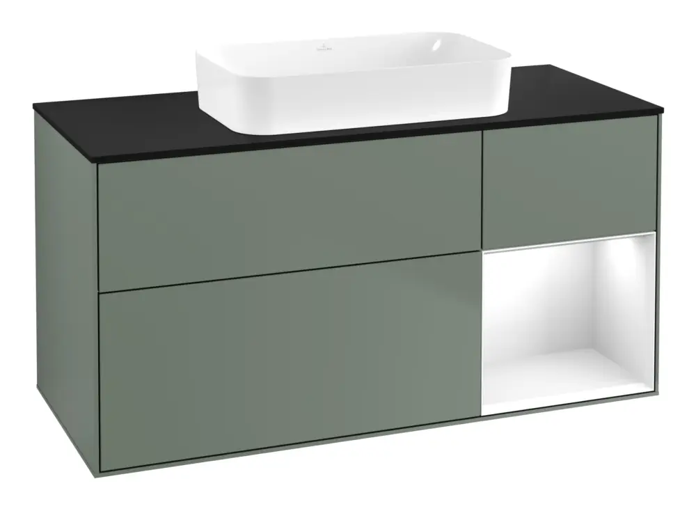 Villeroy & Boch Finion Waschbeckenunterschrank für Becken mittig Regal rechts für Finion 3 Auszüge mit Beleuchtung (1x LED) ohne Hahnloch 1200 x 603 x 501 mm - Olive Matt Lacquer / Glossy White Lacquer / Glass Black Matt Jetzt Kaufen