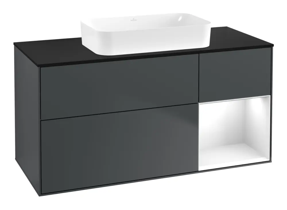 Neu Villeroy & Boch Finion Waschbeckenunterschrank für Becken mittig Regal rechts für Finion 3 Auszüge mit Beleuchtung (1x LED) ohne Hahnloch 1200 x 603 x 501 mm - Midnight Blue Matt Lacquer / Glossy White Lacquer / Glass Black Matt