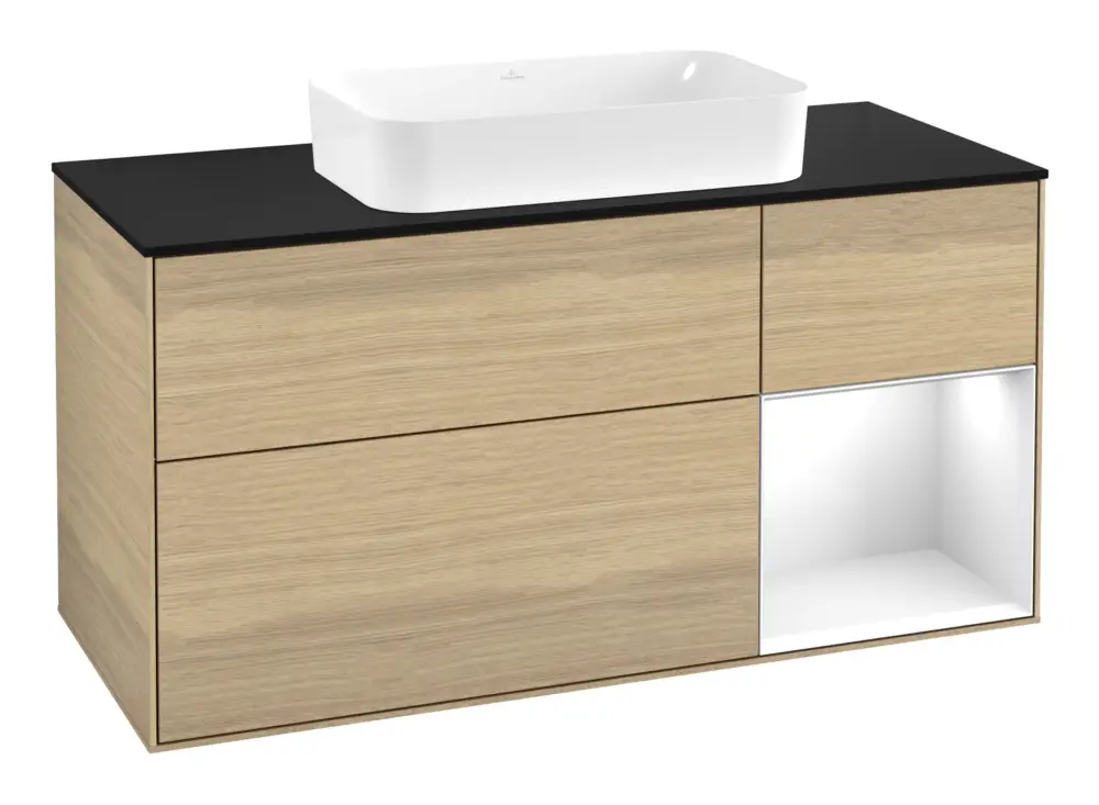 Direktkauf Villeroy & Boch Finion Waschbeckenunterschrank für Becken mittig Regal rechts für Finion 3 Auszüge mit Beleuchtung (1x LED) ohne Hahnloch 1200 x 603 x 501 mm - Oak Veneer / Glossy White Lacquer / Glass Black Matt
