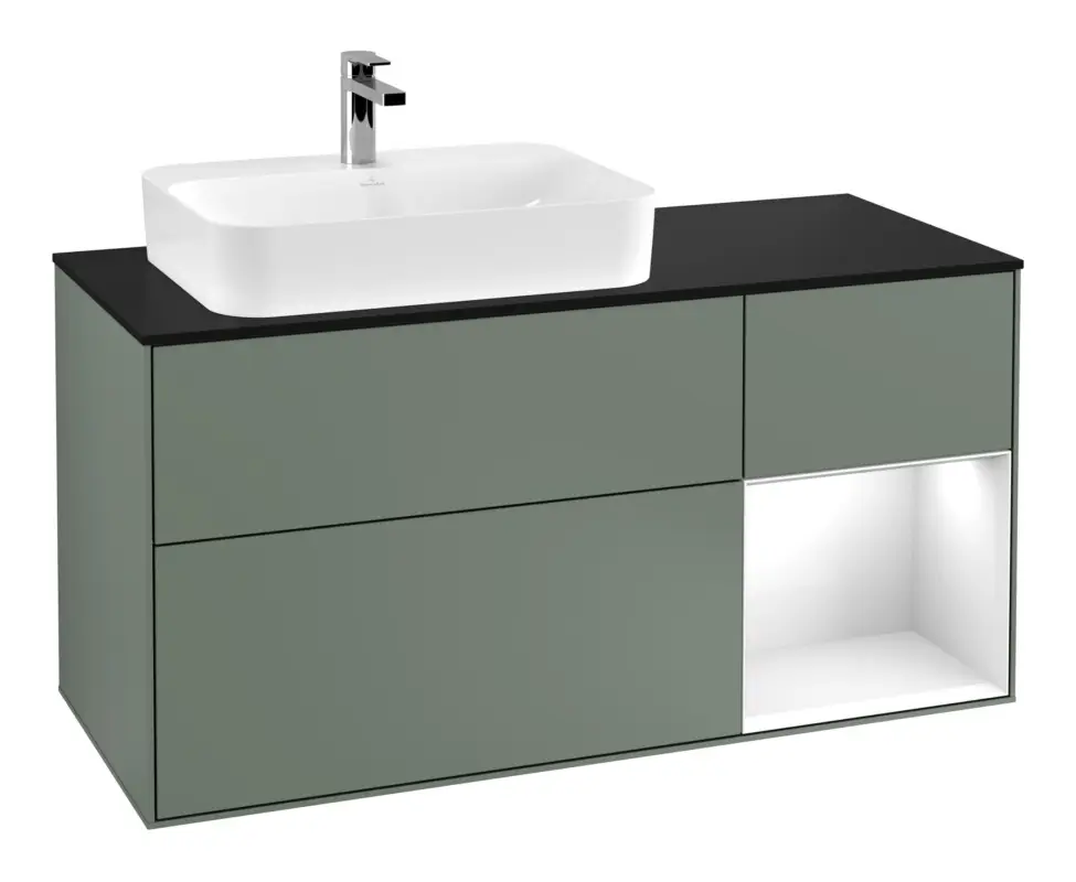 Villeroy & Boch Finion Waschbeckenunterschrank für Aufsatzwaschbecken links Regal rechts für Finion / Memento 2.0 3 Auszüge mit Beleuchtung (1x LED) 1200 x 603 x 501 mm - Olive Matt Lacquer / Glossy White Lacquer / Glass Black Matt Begrenztes Angebot