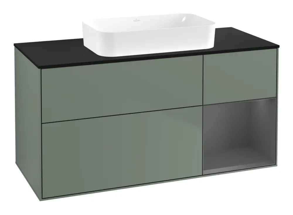 Villeroy & Boch Finion Waschbeckenunterschrank für Becken mittig Regal rechts für Finion 3 Auszüge mit Beleuchtung (1x LED) ohne Hahnloch 1200 x 603 x 501 mm - Olive Matt Lacquer / Anthracite Matt Lacquer / Glass Black Matt Jetzt Bestellen