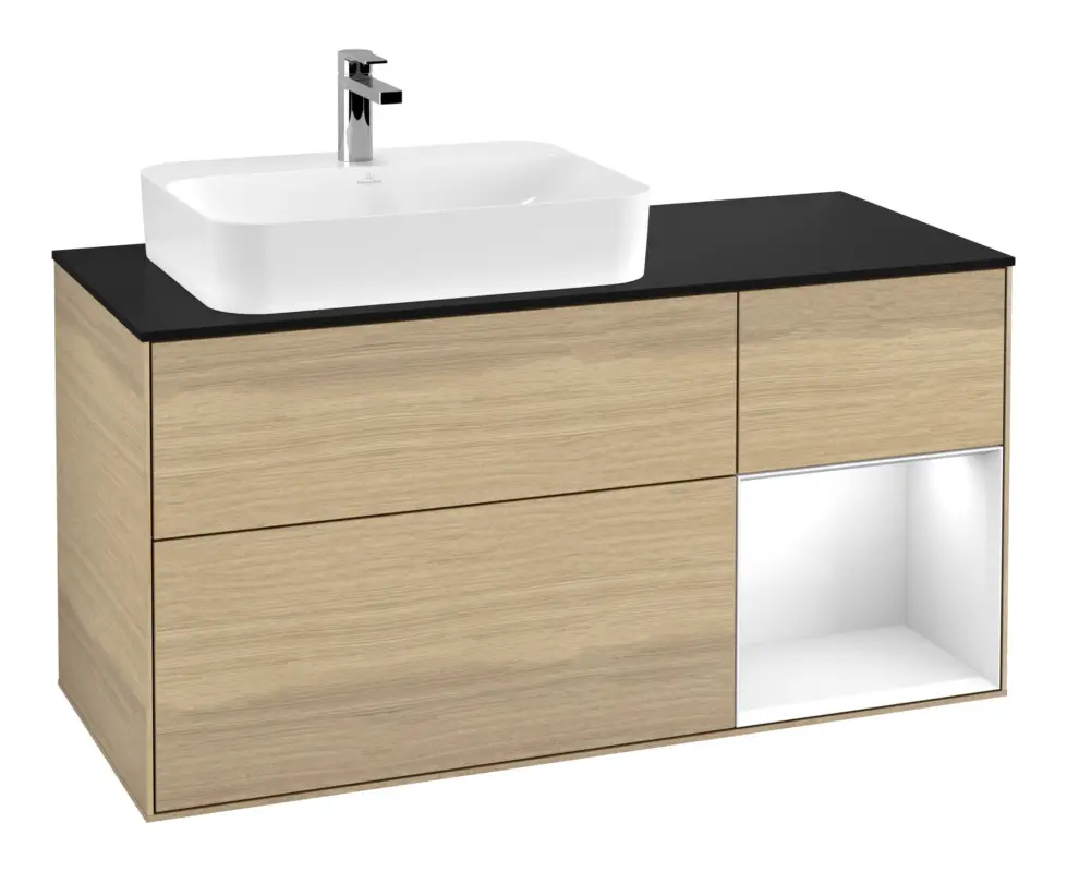 Villeroy & Boch Finion Waschbeckenunterschrank für Aufsatzwaschbecken links Regal rechts für Finion / Memento 2.0 3 Auszüge mit Beleuchtung (1x LED) 1200 x 603 x 501 mm - Oak Veneer / Glossy White Lacquer / Glass Black Matt Direktkauf