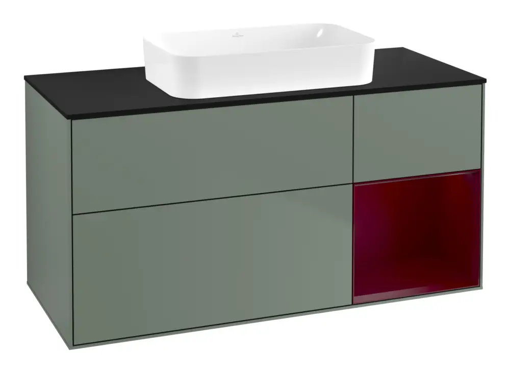 Geprüft Villeroy & Boch Finion Waschbeckenunterschrank für Becken mittig Regal rechts für Finion 3 Auszüge mit Beleuchtung (1x LED) ohne Hahnloch 1200 x 603 x 501 mm - Olive Matt Lacquer / Peony Matt Lacquer / Glass Black Matt