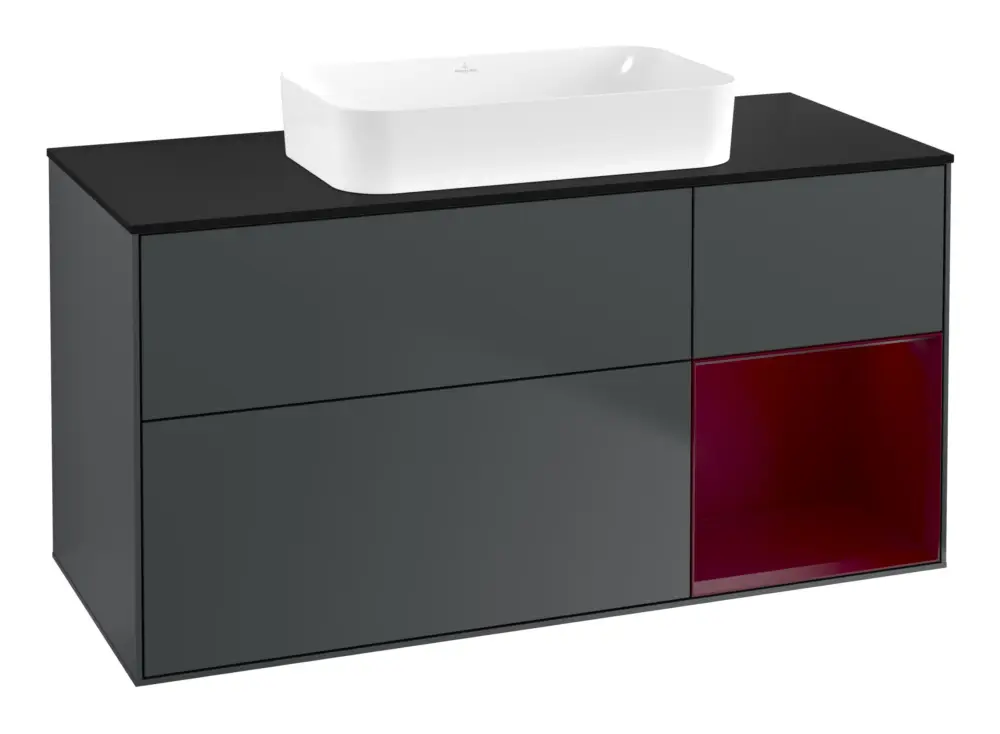 Letzte Chance Villeroy & Boch Finion Waschbeckenunterschrank für Becken mittig Regal rechts für Finion 3 Auszüge mit Beleuchtung (1x LED) ohne Hahnloch 1200 x 603 x 501 mm - Midnight Blue Matt Lacquer / Peony Matt Lacquer / Glass Black Matt