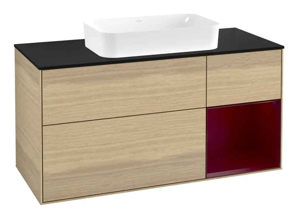 Zertifiziert Villeroy & Boch Finion Waschbeckenunterschrank für Becken mittig Regal rechts für Finion 3 Auszüge mit Beleuchtung (1x LED) ohne Hahnloch 1200 x 603 x 501 mm - Oak Veneer / Peony Matt Lacquer / Glass Black Matt