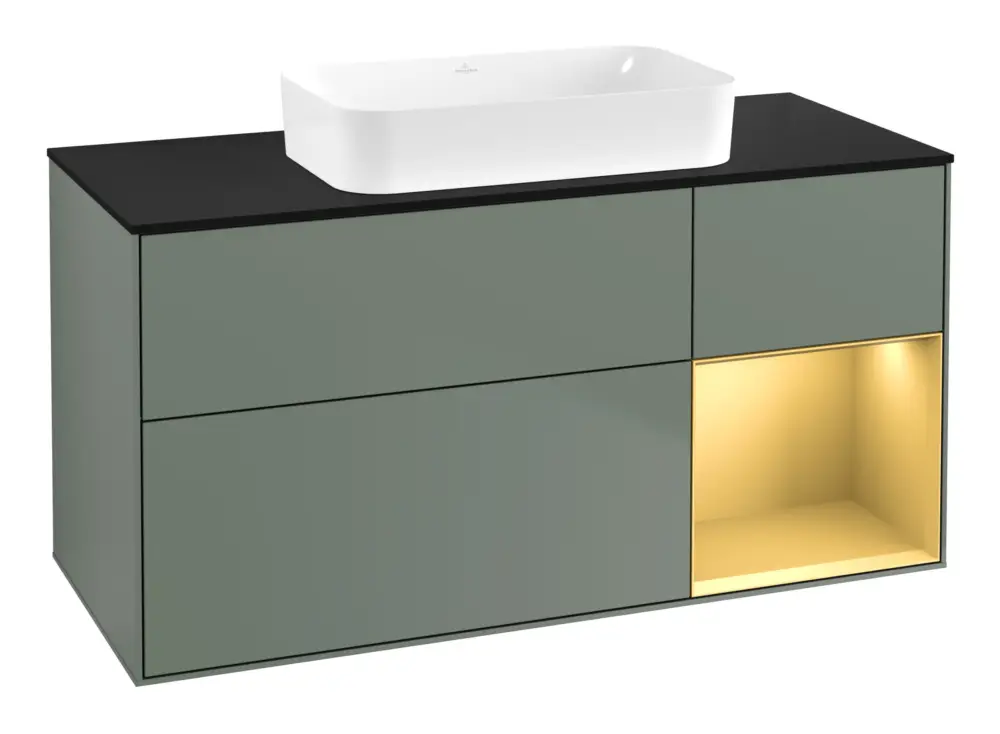 Villeroy & Boch Finion Waschbeckenunterschrank für Becken mittig Regal rechts für Finion 3 Auszüge mit Beleuchtung (1x LED) ohne Hahnloch 1200 x 603 x 501 mm - Olive Matt Lacquer / Gold Matt Lacquer / Glass Black Matt Neue Ware