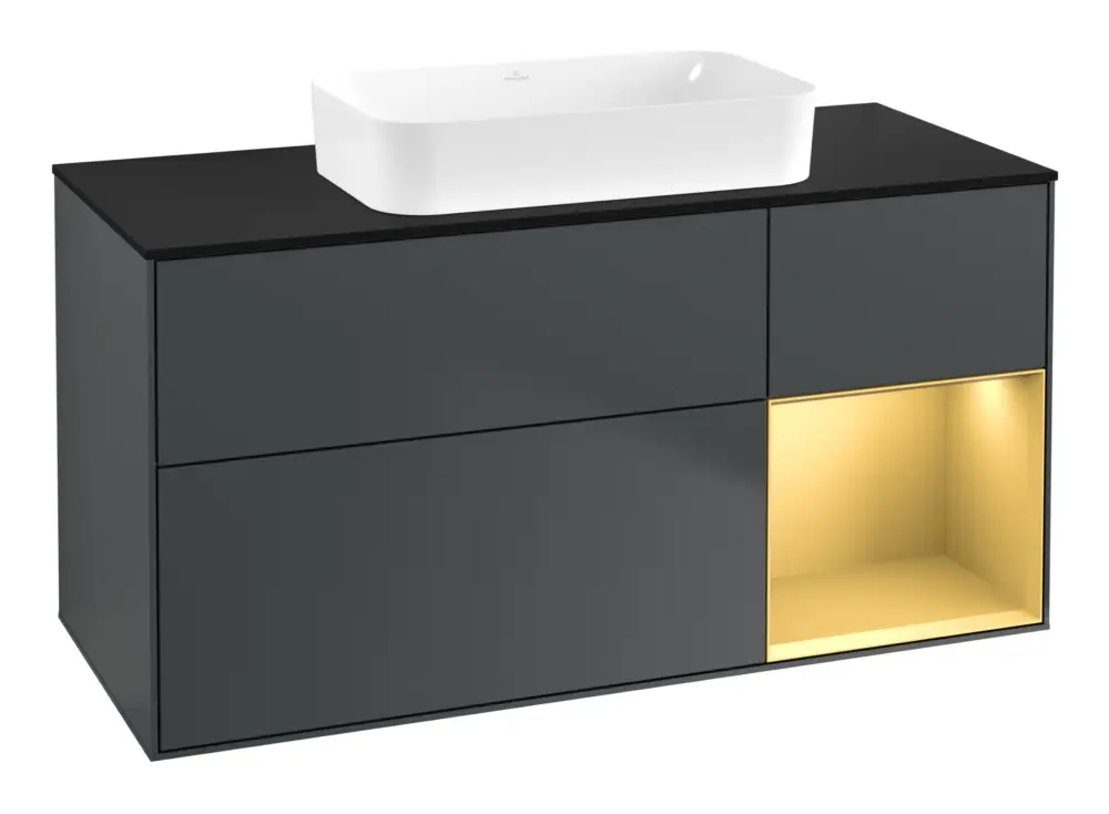 Sichere Zahlung Villeroy & Boch Finion Waschbeckenunterschrank für Becken mittig Regal rechts für Finion 3 Auszüge mit Beleuchtung (1x LED) ohne Hahnloch 1200 x 603 x 501 mm - Midnight Blue Matt Lacquer / Gold Matt Lacquer / Glass Black Matt