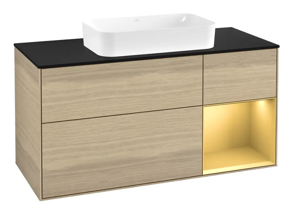 Beliebt Villeroy & Boch Finion Waschbeckenunterschrank für Becken mittig Regal rechts für Finion 3 Auszüge mit Beleuchtung (1x LED) ohne Hahnloch 1200 x 603 x 501 mm - Oak Veneer / Gold Matt Lacquer / Glass Black Matt