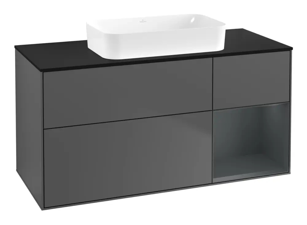 Preis Gesenkt Villeroy & Boch Finion Waschbeckenunterschrank für Becken mittig Regal rechts für Finion 3 Auszüge mit Beleuchtung (1x LED) ohne Hahnloch 1200 x 603 x 501 mm - Anthracite Matt Lacquer / Midnight Blue Matt Lacquer / Glass Black Matt