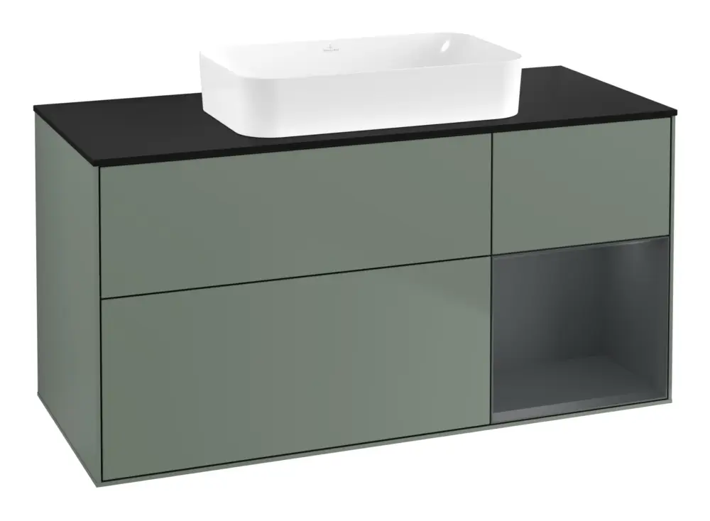Saisonangebot Villeroy & Boch Finion Waschbeckenunterschrank für Becken mittig Regal rechts für Finion 3 Auszüge mit Beleuchtung (1x LED) ohne Hahnloch 1200 x 603 x 501 mm - Olive Matt Lacquer / Midnight Blue Matt Lacquer / Glass Black Matt