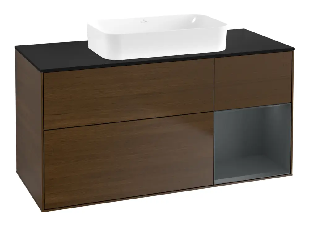Villeroy & Boch Finion Waschbeckenunterschrank für Becken mittig Regal rechts für Finion 3 Auszüge mit Beleuchtung (1x LED) ohne Hahnloch 1200 x 603 x 501 mm - Walnut Veneer / Midnight Blue Matt Lacquer / Glass Black Matt Online Kaufen