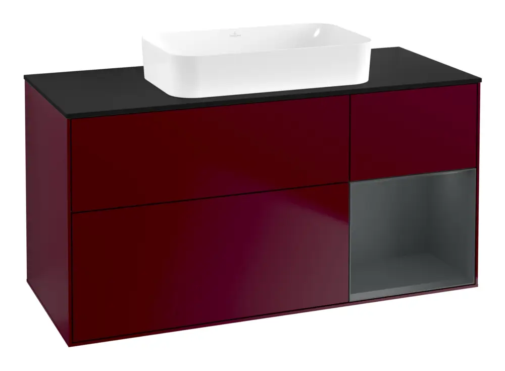 Nur Für Kurze Zeit Villeroy & Boch Finion Waschbeckenunterschrank für Becken mittig Regal rechts für Finion 3 Auszüge mit Beleuchtung (1x LED) ohne Hahnloch 1200 x 603 x 501 mm - Peony Matt Lacquer / Midnight Blue Matt Lacquer / Glass Black Matt
