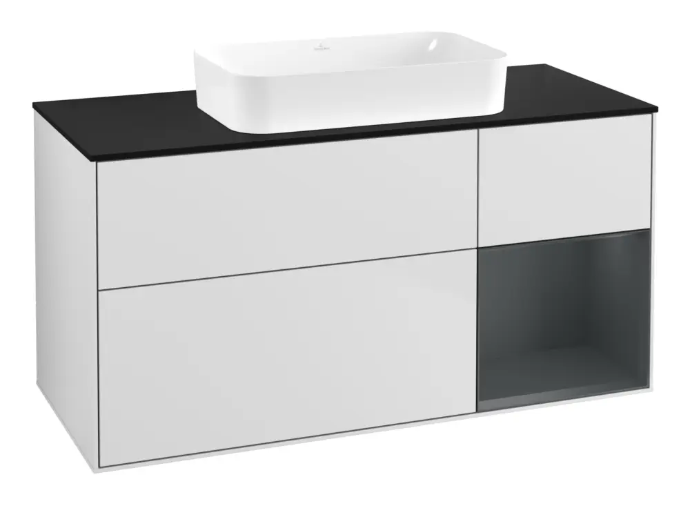 Villeroy & Boch Finion Waschbeckenunterschrank für Becken mittig Regal rechts für Finion 3 Auszüge mit Beleuchtung (1x LED) ohne Hahnloch 1200 x 603 x 501 mm - White Matt Lacquer / Midnight Blue Matt Lacquer / Glass Black Matt Sichere Zahlung