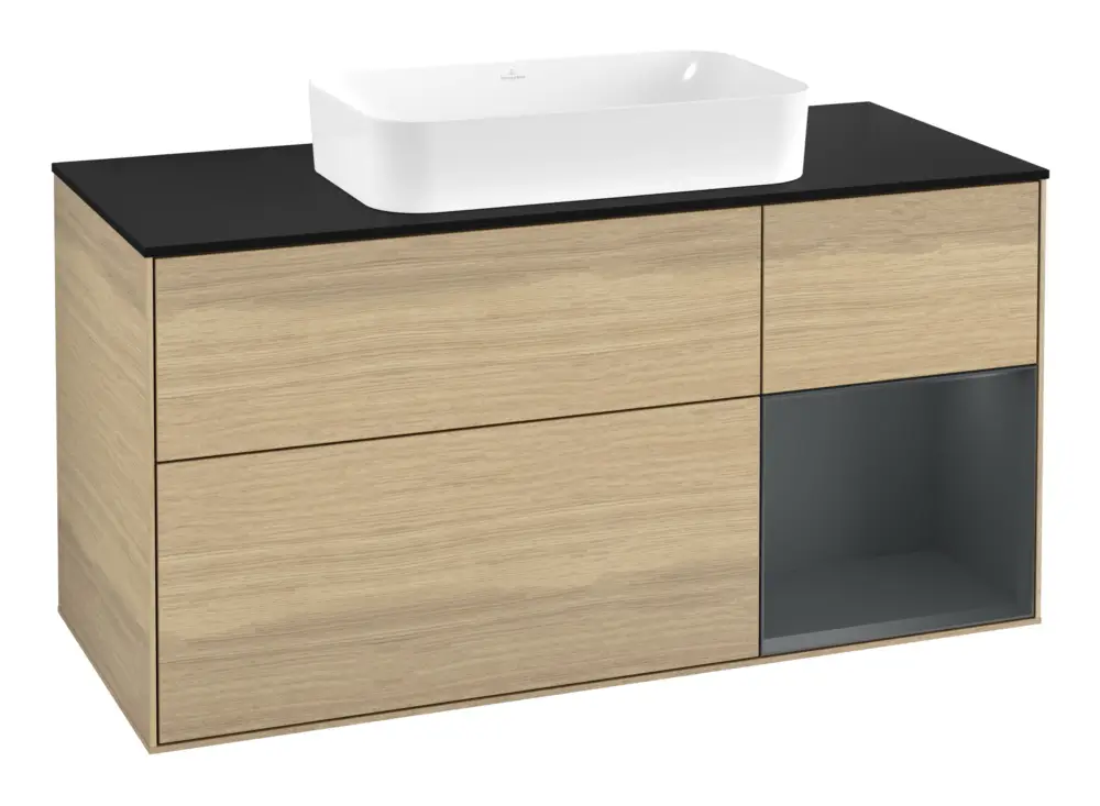 Echt Villeroy & Boch Finion Waschbeckenunterschrank für Becken mittig Regal rechts für Finion 3 Auszüge mit Beleuchtung (1x LED) ohne Hahnloch 1200 x 603 x 501 mm - Oak Veneer / Midnight Blue Matt Lacquer / Glass Black Matt