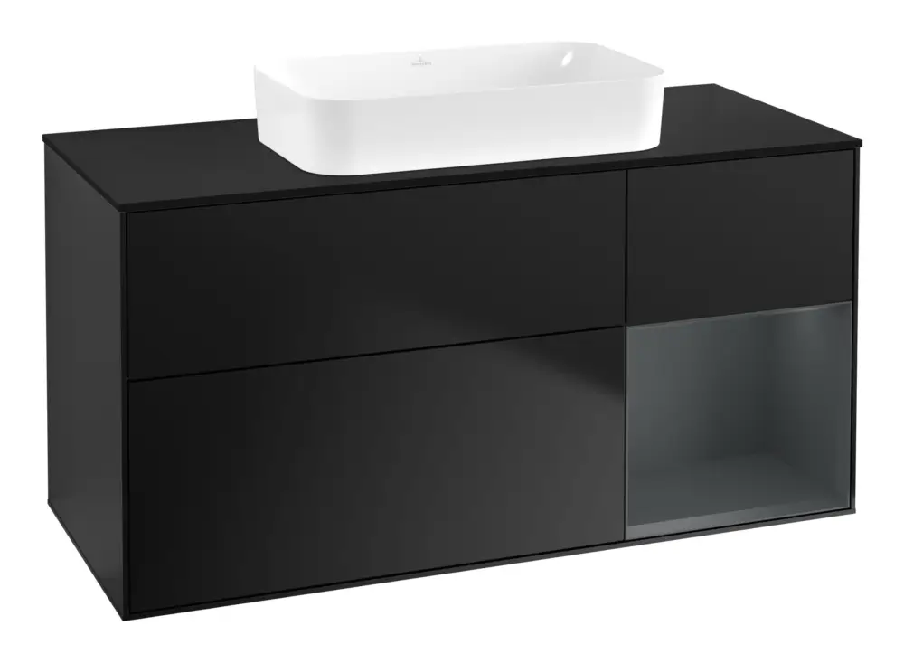 Neue Ware Villeroy & Boch Finion Waschbeckenunterschrank für Becken mittig Regal rechts für Finion 3 Auszüge mit Beleuchtung (1x LED) ohne Hahnloch 1200 x 603 x 501 mm - Black Matt Lacquer / Midnight Blue Matt Lacquer / Glass Black Matt