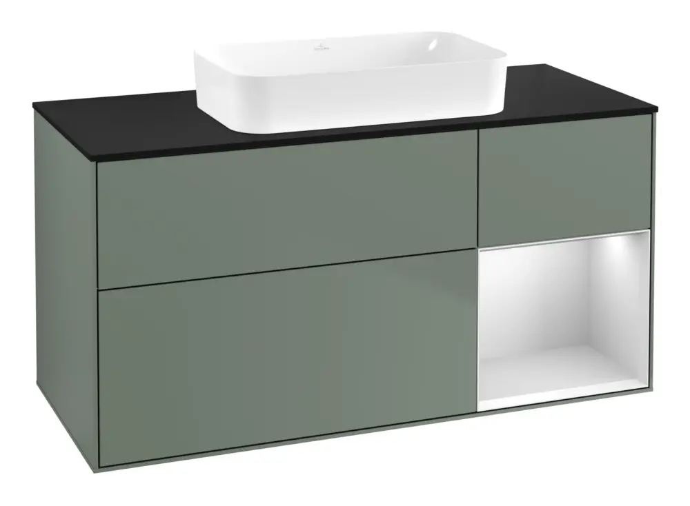 Direkt Vom Hersteller Villeroy & Boch Finion Waschbeckenunterschrank für Becken mittig Regal rechts für Finion 3 Auszüge mit Beleuchtung (1x LED) ohne Hahnloch 1200 x 603 x 501 mm - Olive Matt Lacquer / White Matt Lacquer / Glass Black Matt