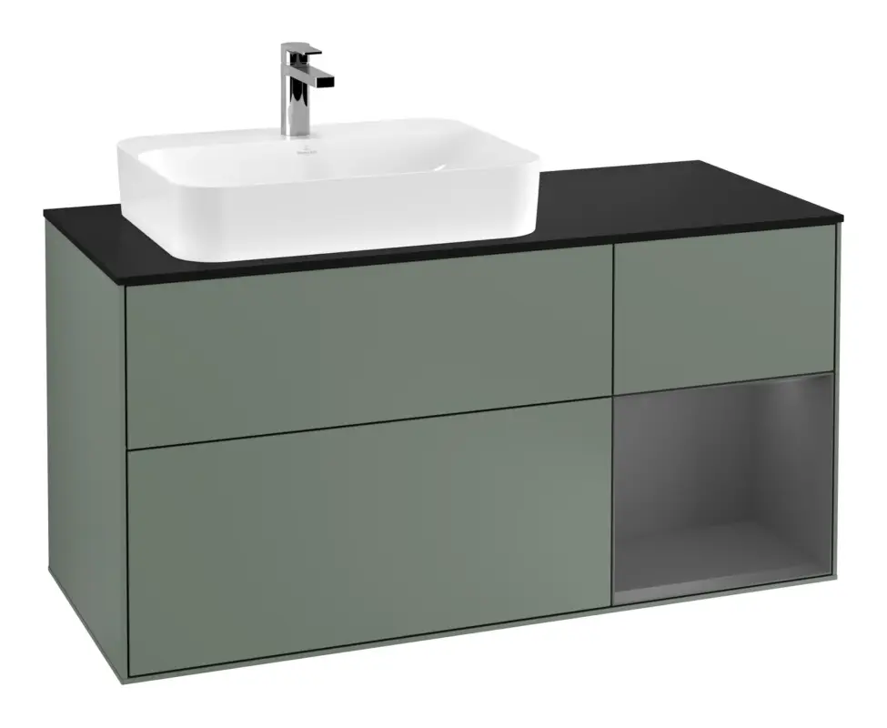 Bestseller Villeroy & Boch Finion Waschbeckenunterschrank für Aufsatzwaschbecken links Regal rechts für Finion / Memento 2.0 3 Auszüge mit Beleuchtung (1x LED) 1200 x 603 x 501 mm - Olive Matt Lacquer / Anthracite Matt Lacquer / Glass Black Matt