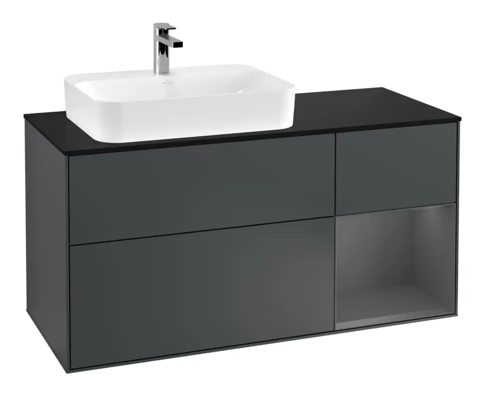 Preiswert Villeroy & Boch Finion Waschbeckenunterschrank für Aufsatzwaschbecken links Regal rechts für Finion / Memento 2.0 3 Auszüge mit Beleuchtung (1x LED) 1200 x 603 x 501 mm - Midnight Blue Matt Lacquer / Anthracite Matt Lacquer / Glass Black Matt