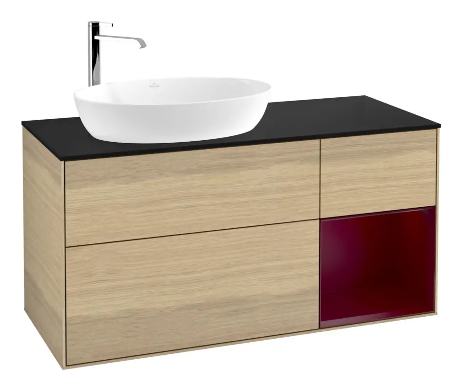 Villeroy & Boch Finion Waschbeckenunterschrank für Becken links für Artis / Collaro rund 3 Auszüge mit Beleuchtung (3x LED) 1200 x 603 x 501 mm - Oak Veneer / Peony Matt Lacquer / Glass Black Matt Nur Heute