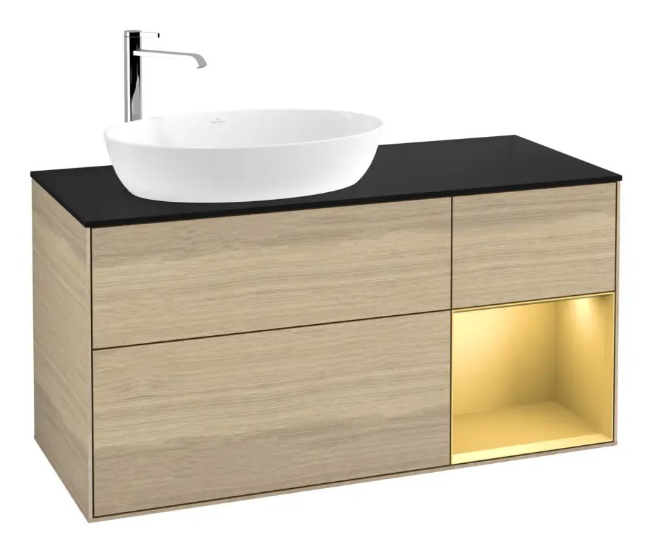 Geprüft Villeroy & Boch Finion Waschbeckenunterschrank für Becken links für Artis / Collaro rund 3 Auszüge mit Beleuchtung (3x LED) 1200 x 603 x 501 mm - Oak Veneer / Gold Matt Lacquer / Glass Black Matt