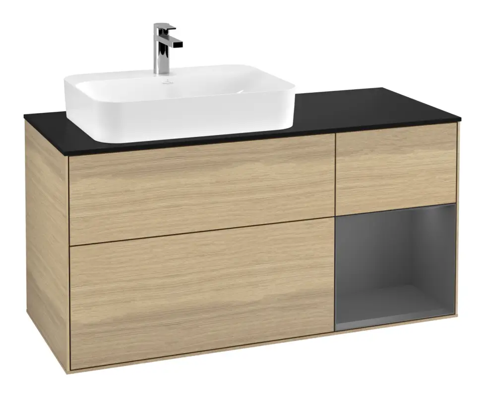 Highlight Villeroy & Boch Finion Waschbeckenunterschrank für Aufsatzwaschbecken links Regal rechts für Finion / Memento 2.0 3 Auszüge mit Beleuchtung (1x LED) 1200 x 603 x 501 mm - Oak Veneer / Anthracite Matt Lacquer / Glass Black Matt