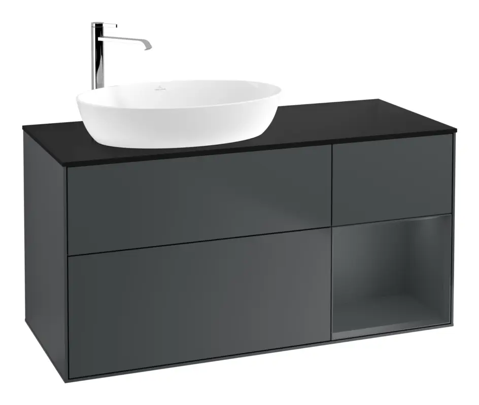 Neue Kollektion Villeroy & Boch Finion Waschbeckenunterschrank für Becken links für Artis / Collaro rund 3 Auszüge mit Beleuchtung (3x LED) 1200 x 603 x 501 mm - Midnight Blue Matt Lacquer / Glass Black Matt