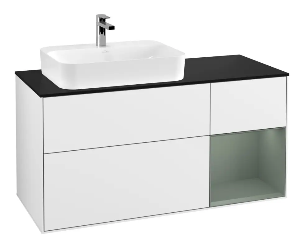 Villeroy & Boch Finion Waschbeckenunterschrank für Aufsatzwaschbecken links Regal rechts für Finion / Memento 2.0 3 Auszüge mit Beleuchtung (1x LED) 1200 x 603 x 501 mm - Glossy White Lacquer / Olive Matt Lacquer / Glass Black Matt Versand Am Gleichen Tag