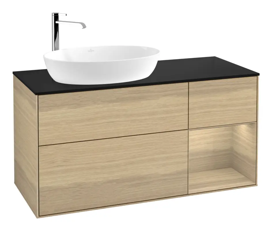 Villeroy & Boch Finion Waschbeckenunterschrank für Becken links für Artis / Collaro rund 3 Auszüge mit Beleuchtung (3x LED) 1200 x 603 x 501 mm - Oak Veneer / Oak Veneer / Glass Black Matt Neu