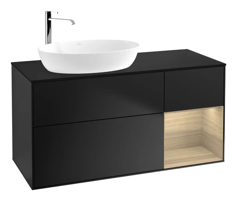 Villeroy & Boch Finion Waschbeckenunterschrank für Becken links für Artis / Collaro rund 3 Auszüge mit Beleuchtung (3x LED) 1200 x 603 x 501 mm - Black Matt Lacquer / Oak Veneer / Glass Black Matt Neu