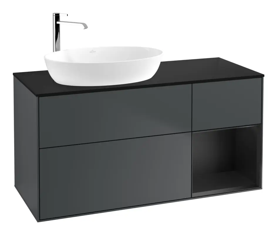 Villeroy & Boch Finion Waschbeckenunterschrank für Becken links für Artis / Collaro rund 3 Auszüge mit Beleuchtung (3x LED) 1200 x 603 x 501 mm - Midnight Blue Matt Lacquer / Black Matt Lacquer / Glass Black Matt Finale Aktion