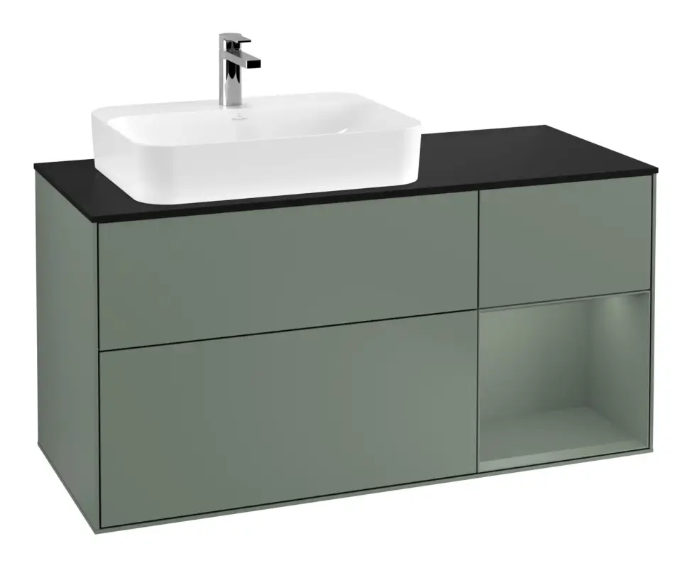 Villeroy & Boch Finion Waschbeckenunterschrank für Aufsatzwaschbecken links Regal rechts für Finion / Memento 2.0 3 Auszüge mit Beleuchtung (1x LED) 1200 x 603 x 501 mm - Olive Matt Lacquer / Glass Black Matt Schnäppchen