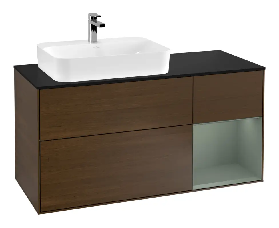 Preiswert Villeroy & Boch Finion Waschbeckenunterschrank für Aufsatzwaschbecken links Regal rechts für Finion / Memento 2.0 3 Auszüge mit Beleuchtung (1x LED) 1200 x 603 x 501 mm - Walnut Veneer / Olive Matt Lacquer / Glass Black Matt