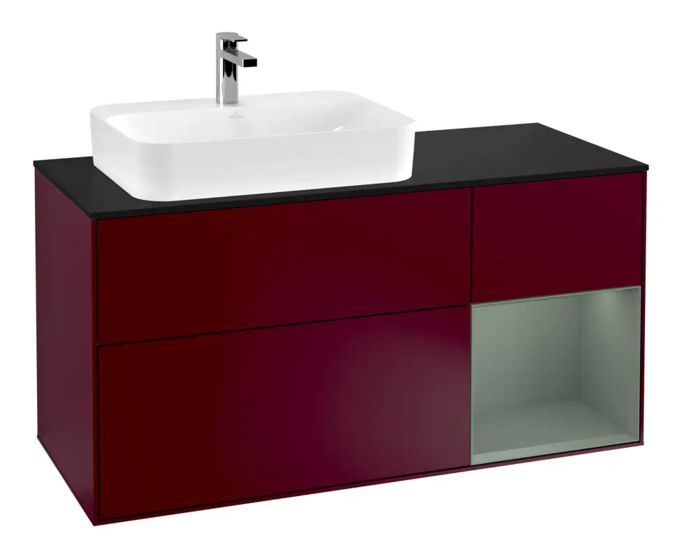 Villeroy & Boch Finion Waschbeckenunterschrank für Aufsatzwaschbecken links Regal rechts für Finion / Memento 2.0 3 Auszüge mit Beleuchtung (1x LED) 1200 x 603 x 501 mm - Peony Matt Lacquer / Olive Matt Lacquer / Glass Black Matt Knallerangebot