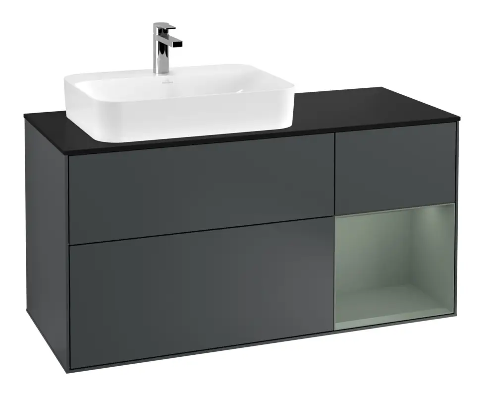 Villeroy & Boch Finion Waschbeckenunterschrank für Aufsatzwaschbecken links Regal rechts für Finion / Memento 2.0 3 Auszüge mit Beleuchtung (1x LED) 1200 x 603 x 501 mm - Midnight Blue Matt Lacquer / Olive Matt Lacquer / Glass Black Matt Wochenendangebot