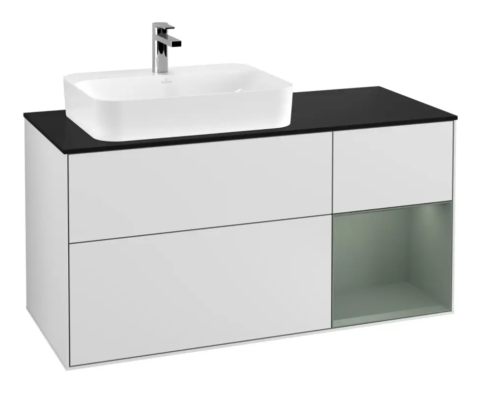 Neu Villeroy & Boch Finion Waschbeckenunterschrank für Aufsatzwaschbecken links Regal rechts für Finion / Memento 2.0 3 Auszüge mit Beleuchtung (1x LED) 1200 x 603 x 501 mm - White Matt Lacquer / Olive Matt Lacquer / Glass Black Matt