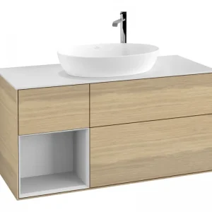 Aktuell Villeroy & Boch Finion Waschbeckenunterschrank für Becken mittig Regal links für Artis / Collaro rund 3 Auszüge mit Beleuchtung (3x LED) mit Hahnloch 1200 x 603 x 501 mm - Oak Veneer / White Matt Lacquer / Glass White Matt