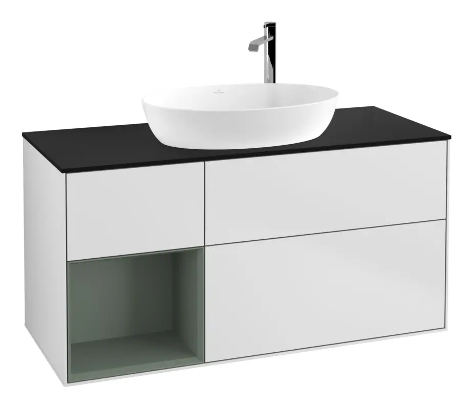Heißes Angebot Villeroy & Boch Finion Waschbeckenunterschrank für Becken mittig Regal links für Artis / Collaro rund 3 Auszüge mit Beleuchtung (3x LED) mit Hahnloch 1200 x 603 x 501 mm - White Matt Lacquer / Olive Matt Lacquer / Glass Black Matt