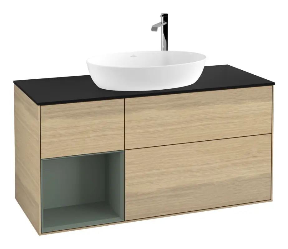 Neuheit Villeroy & Boch Finion Waschbeckenunterschrank für Becken mittig Regal links für Artis / Collaro rund 3 Auszüge mit Beleuchtung (3x LED) mit Hahnloch 1200 x 603 x 501 mm - Oak Veneer / Olive Matt Lacquer / Glass Black Matt