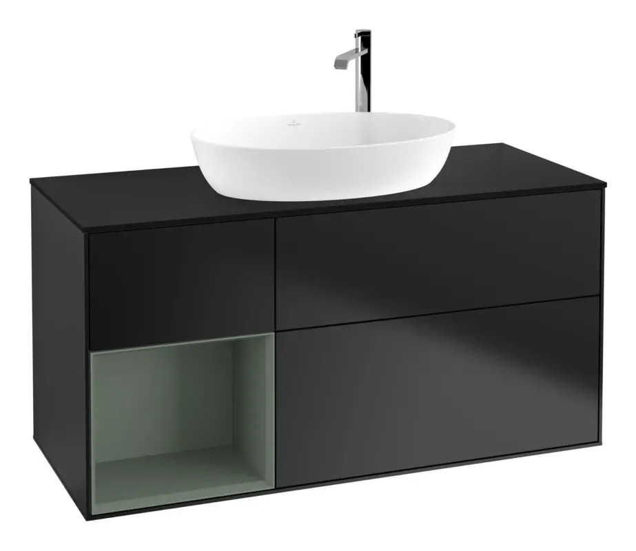 Villeroy & Boch Finion Waschbeckenunterschrank für Becken mittig Regal links für Artis / Collaro rund 3 Auszüge mit Beleuchtung (3x LED) mit Hahnloch 1200 x 603 x 501 mm - Black Matt Lacquer / Olive Matt Lacquer / Glass Black Matt Super-Preis
