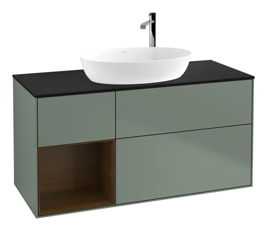 Villeroy & Boch Finion Waschbeckenunterschrank für Becken mittig Regal links für Artis / Collaro rund 3 Auszüge mit Beleuchtung (3x LED) mit Hahnloch 1200 x 603 x 501 mm - Olive Matt Lacquer / Walnut Veneer / Glass Black Matt Markenware