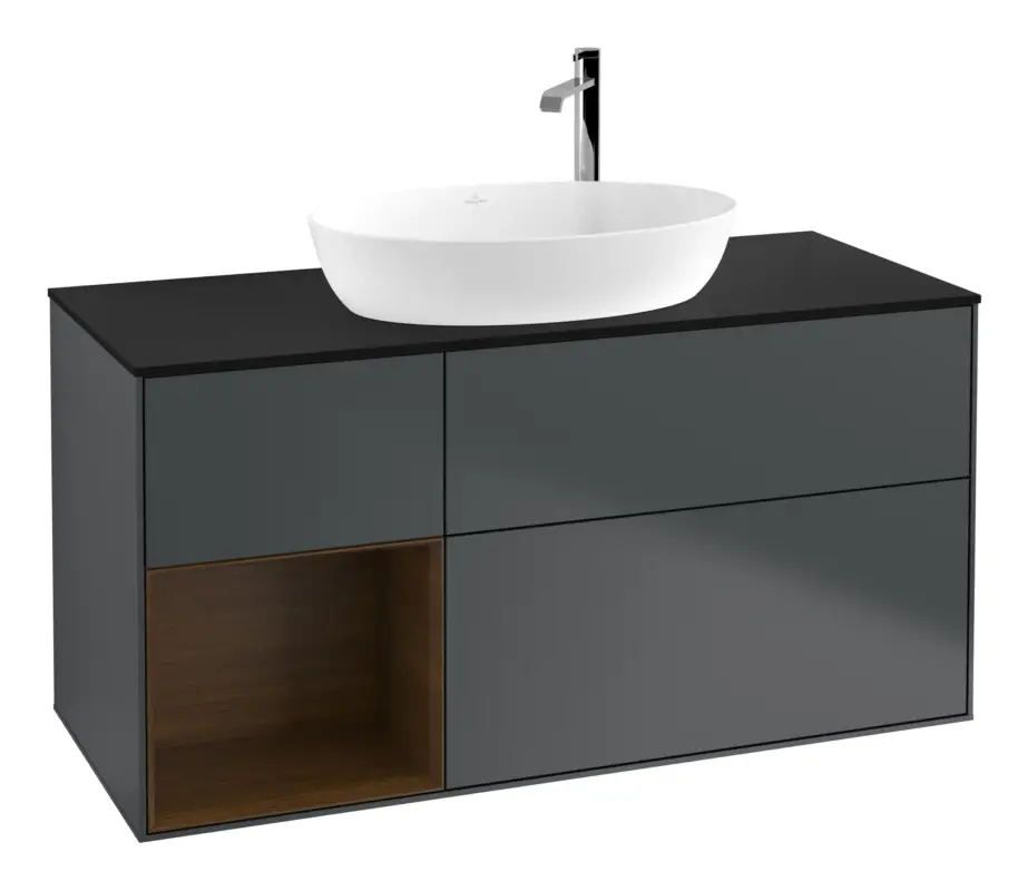 Villeroy & Boch Finion Waschbeckenunterschrank für Becken mittig Regal links für Artis / Collaro rund 3 Auszüge mit Beleuchtung (3x LED) mit Hahnloch 1200 x 603 x 501 mm - Midnight Blue Matt Lacquer / Walnut Veneer / Glass Black Matt Ausverkauf