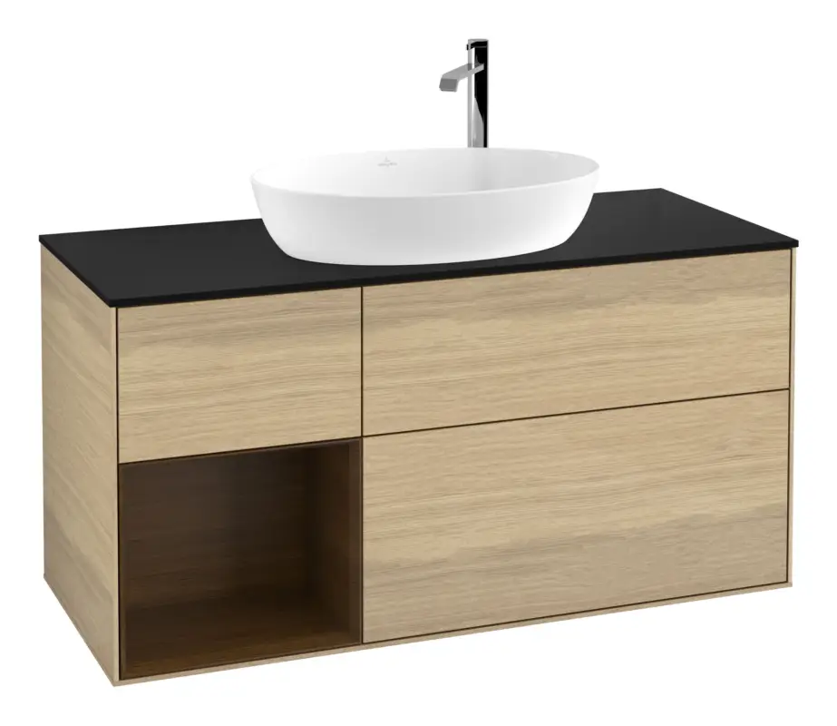 Villeroy & Boch Finion Waschbeckenunterschrank für Becken mittig Regal links für Artis / Collaro rund 3 Auszüge mit Beleuchtung (3x LED) mit Hahnloch 1200 x 603 x 501 mm - Oak Veneer / Walnut Veneer / Glass Black Matt Preisknaller