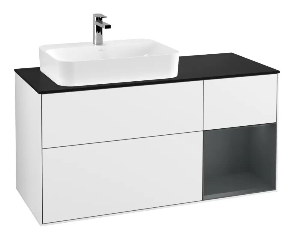 Villeroy & Boch Finion Waschbeckenunterschrank für Aufsatzwaschbecken links Regal rechts für Finion / Memento 2.0 3 Auszüge mit Beleuchtung (1x LED) 1200 x 603 x 501 mm - Glossy White Lacquer / Midnight Blue Matt Lacquer / Glass Black Matt Neue Kollektion